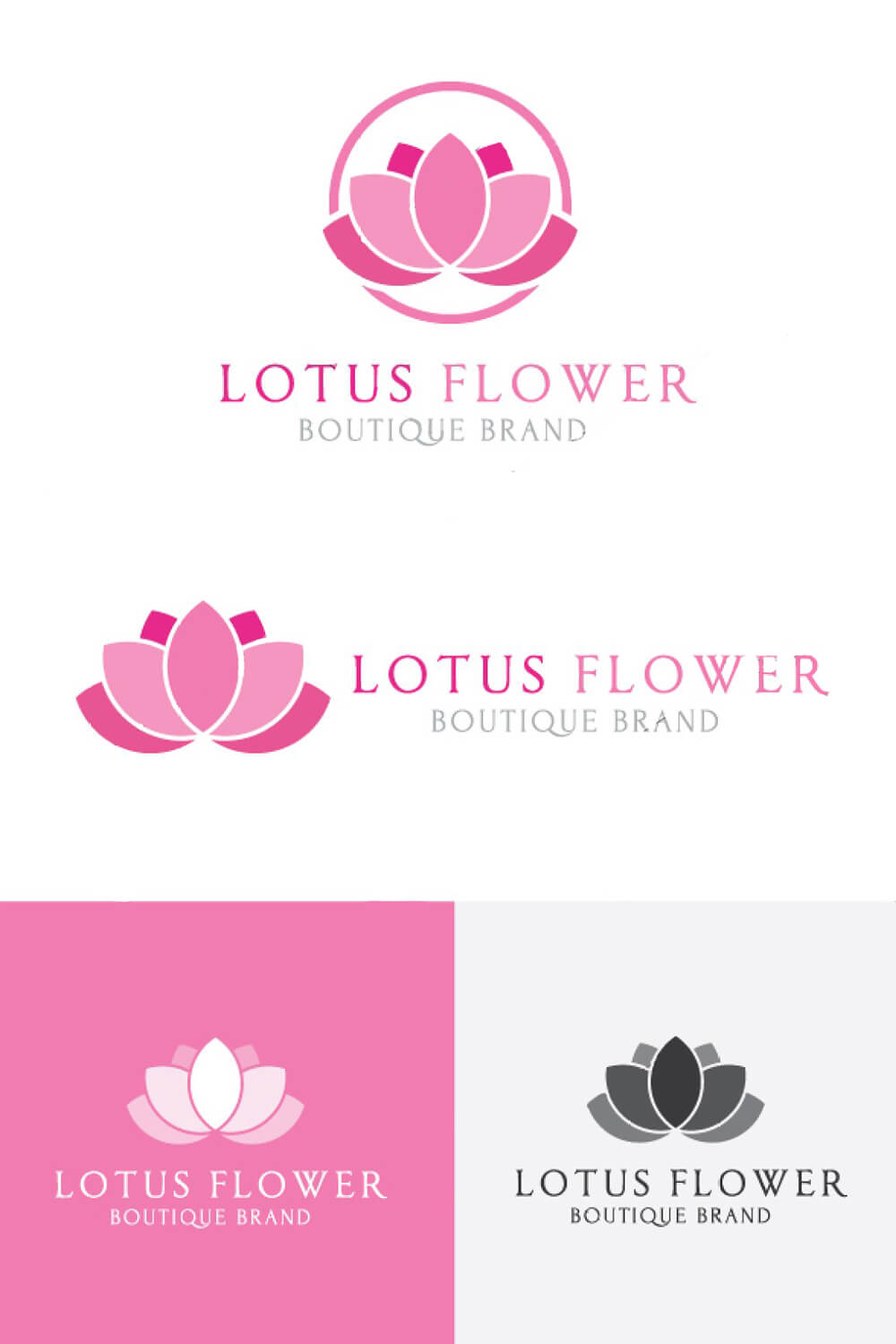 Four variants of the lotus flower logo in pink and gray on a white and pink background.