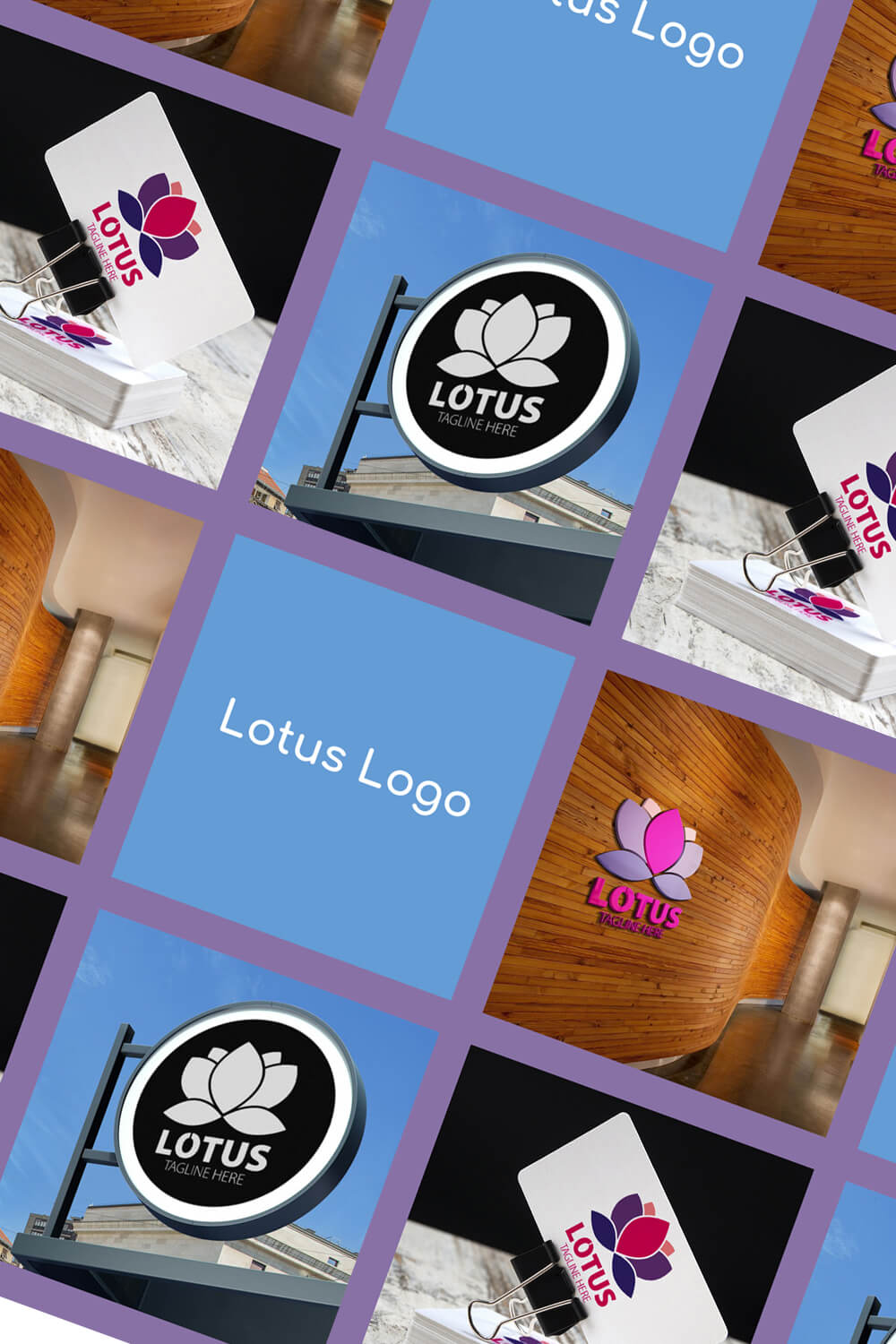 Twelve pictures with logos and inscriptions Lotus Tagline Here on a purple background placed at an angle.
