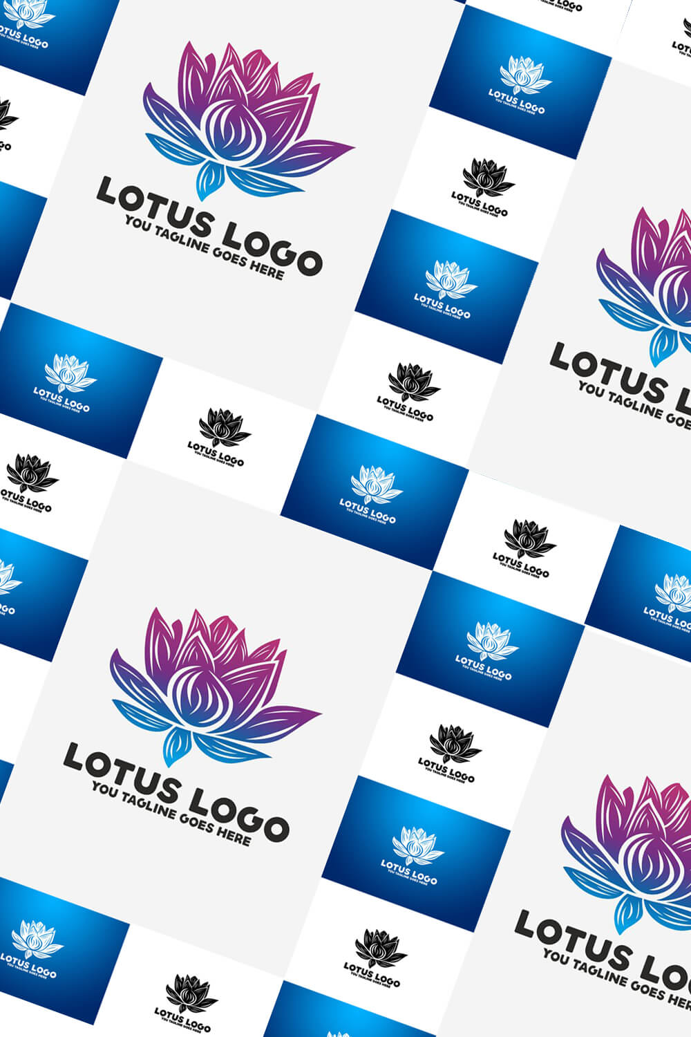Big and small White/blue, purple/blue, and black/white Lotus logos placed at a 45-degree angle.