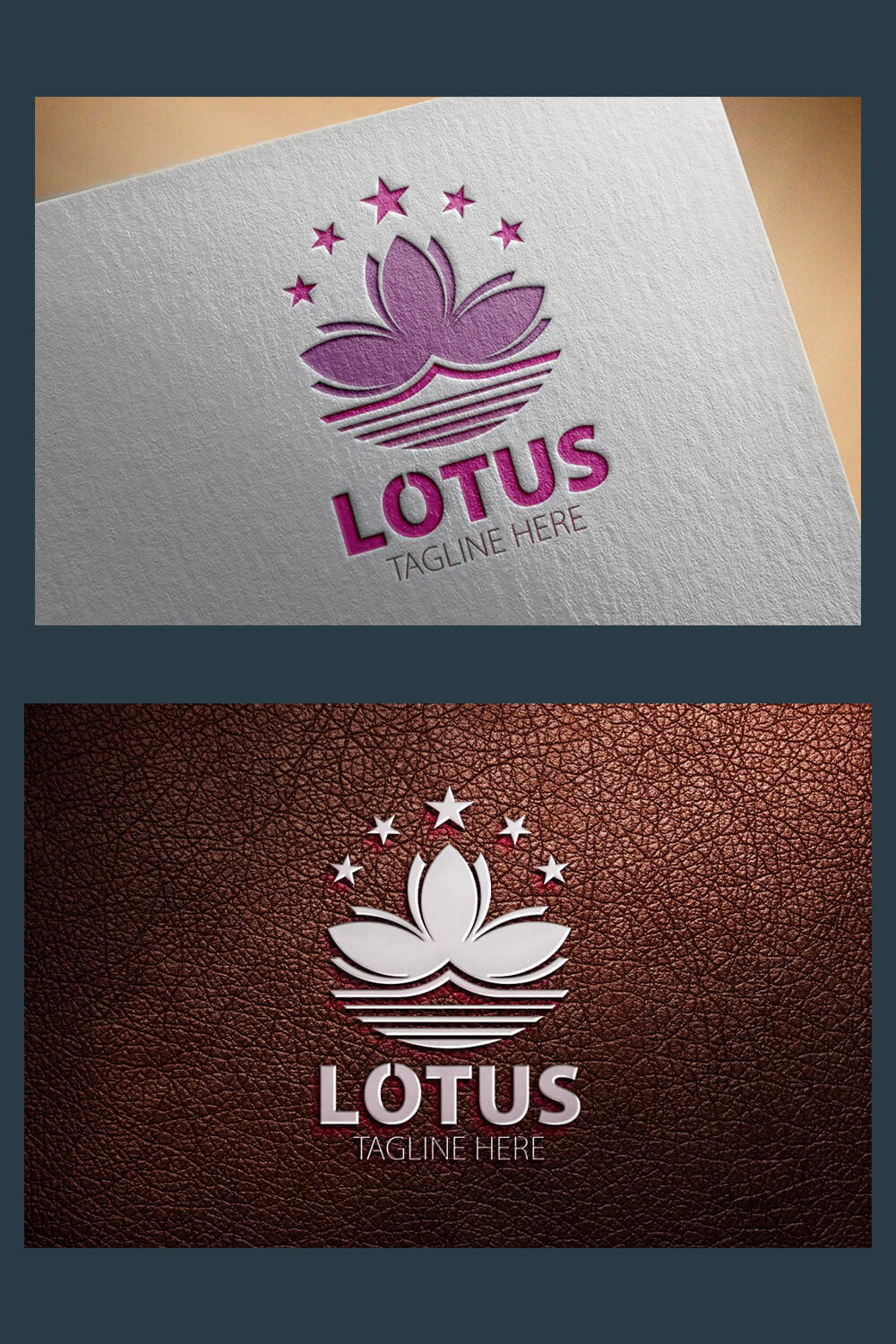 Two different logos in the form of a lotus flower, the first is pink on a gray background, the second is white on a brown background.