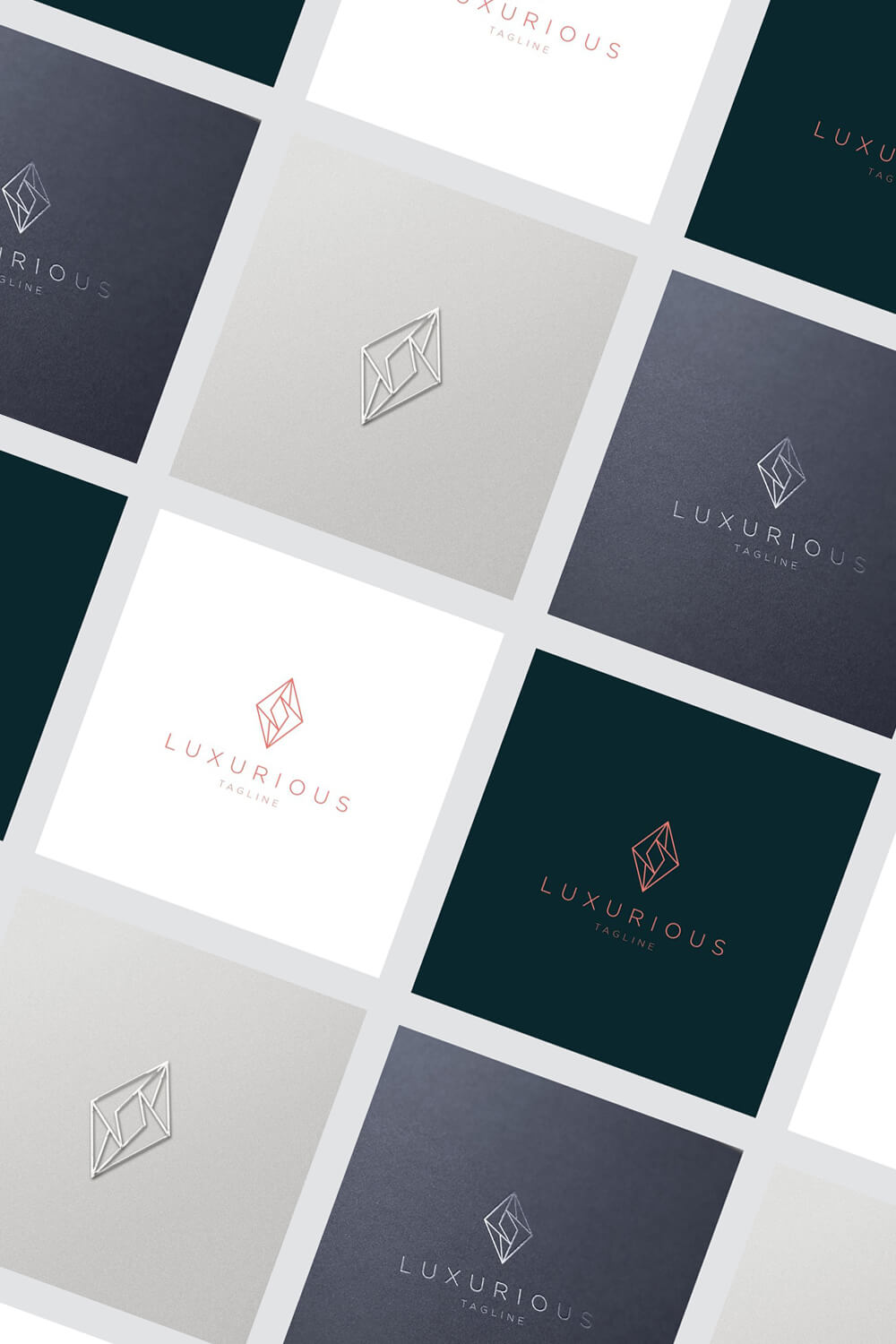 Many variants of the luxury jewelry logo in the form of small squares placed at an angle on a light gray background.