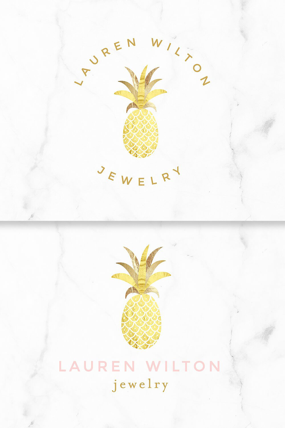 Drawing of the golden pineapple logo in two versions of the signature.