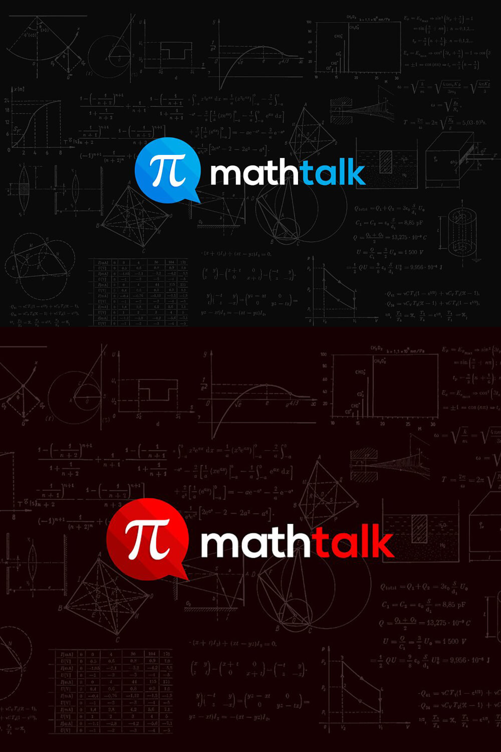 Two Math Talk Logos in red-white, blue-white colors on a black background with blueprints.