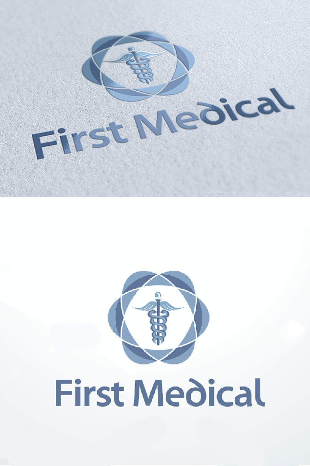 Medical logos on blue and white backgrounds.