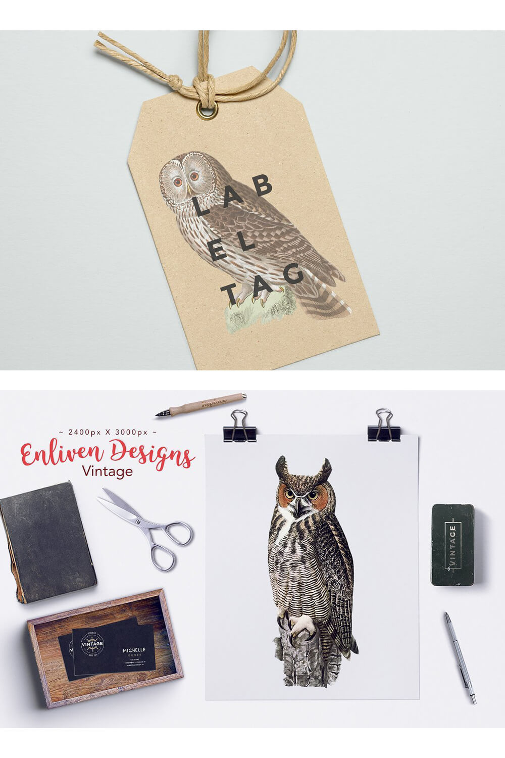 A tag with an owl and an inscription, in the second picture an owl drawn on a white sheet, scissors, books and business cards.