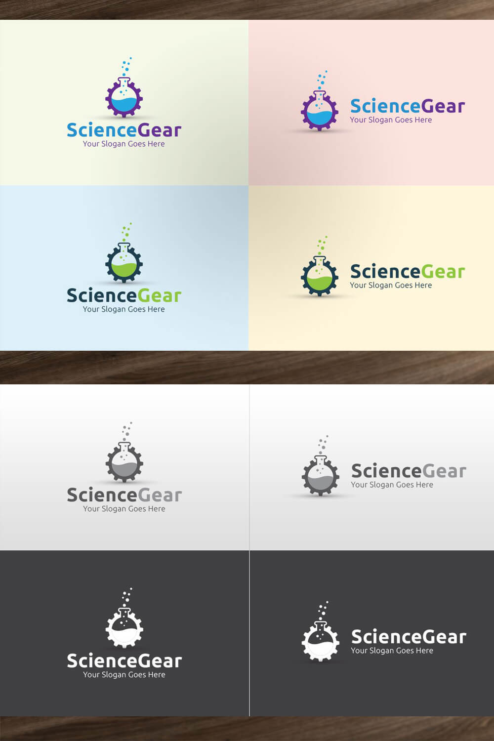 Four color logos "Science Gear" at the top and four black and white logos at the bottom of the picture.