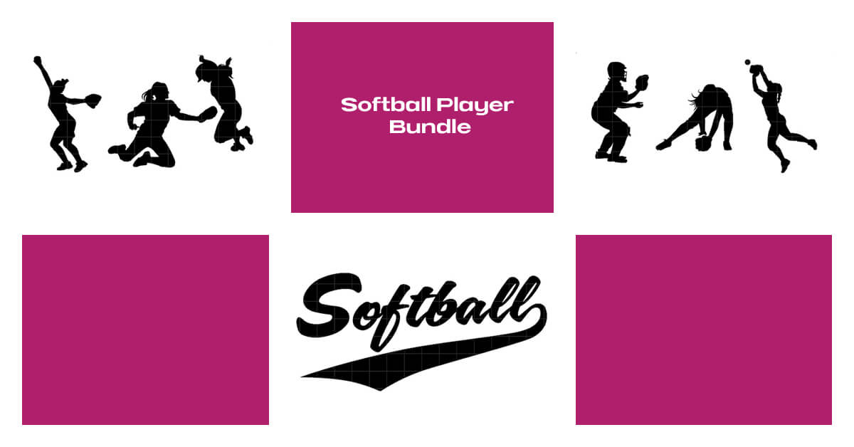 Softball logo and silhouettes of players among the six parts of the picture.