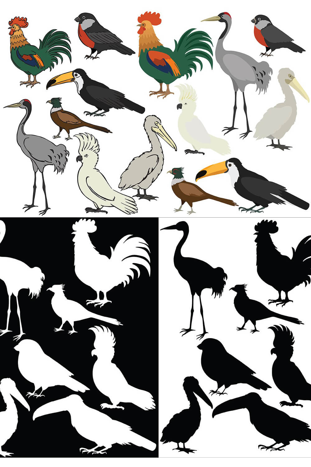 Cluster of three types of vector drawings of birds: in color, white on black and black on white.