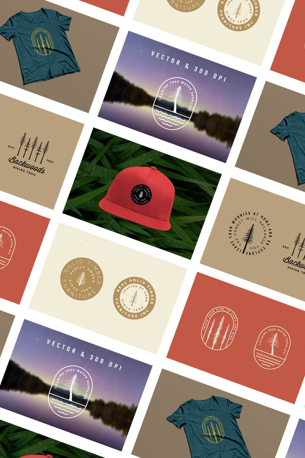 Round and oval logos with vintage trees and inscriptions on various merchandise, t-shirts, baseball caps.
