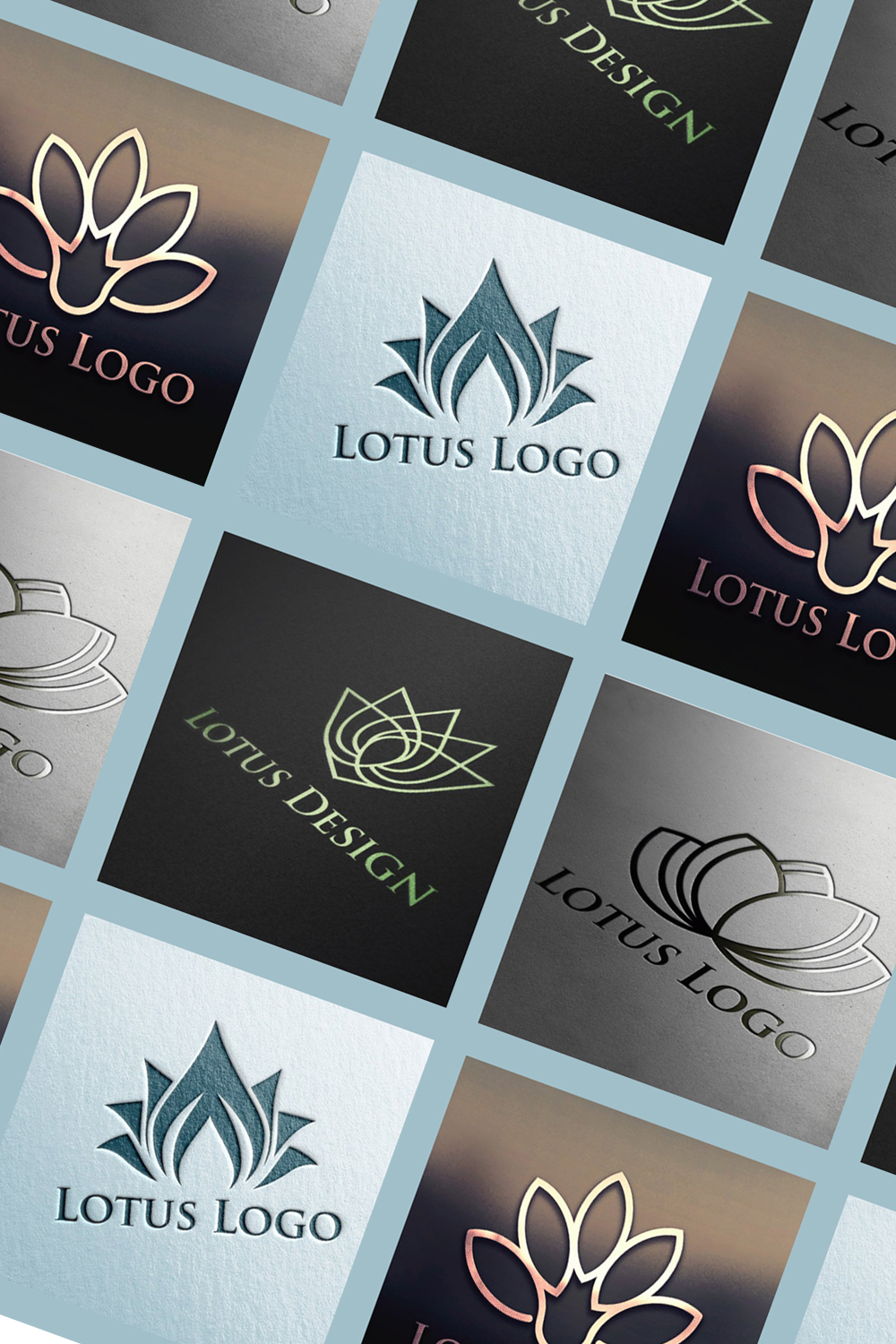 Bright logos with a lotus flower on multi-colored backgrounds in a box at an angle.