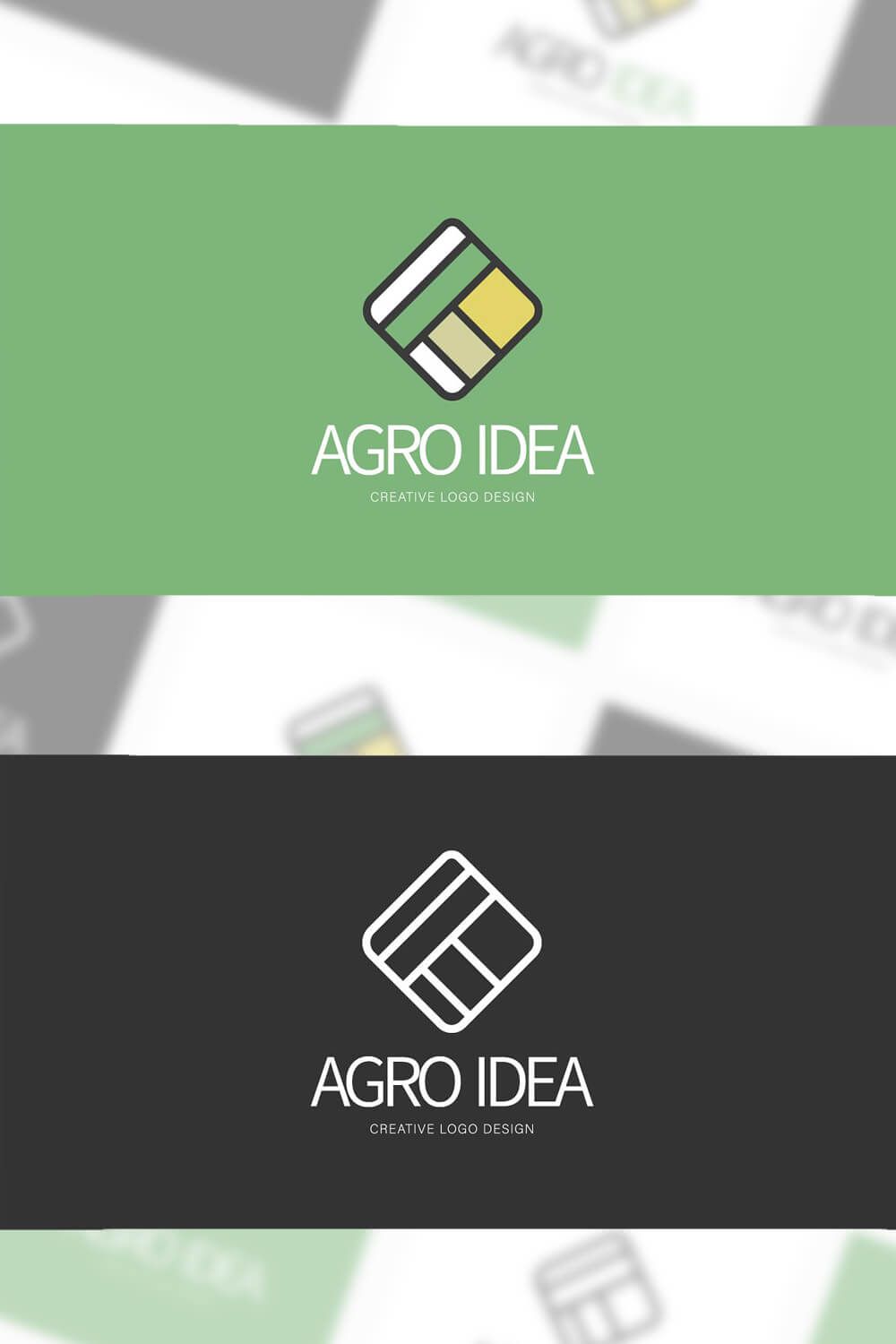 Two logos "Agro Idea" white-olive-green-yellow on a green, gray background.