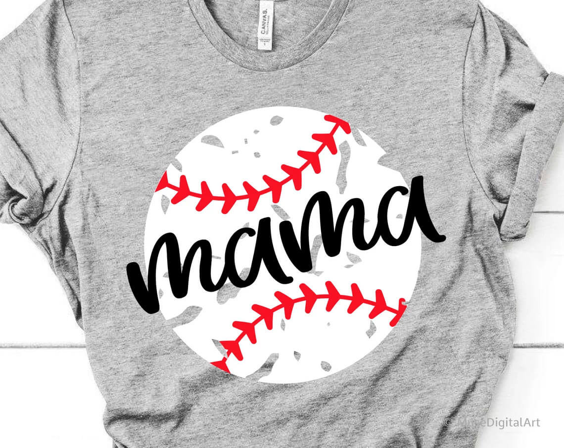 Light gray t-shirt with "Mama" print on a baseball background.