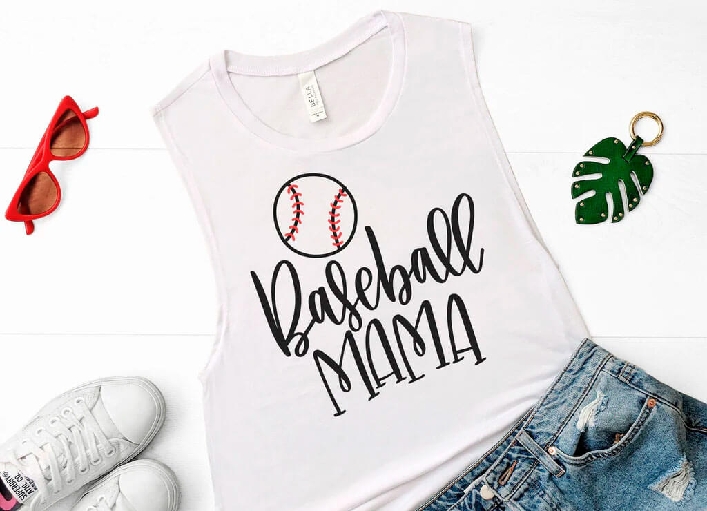 Picture with print Baseball Mom on a white t-shirt.
