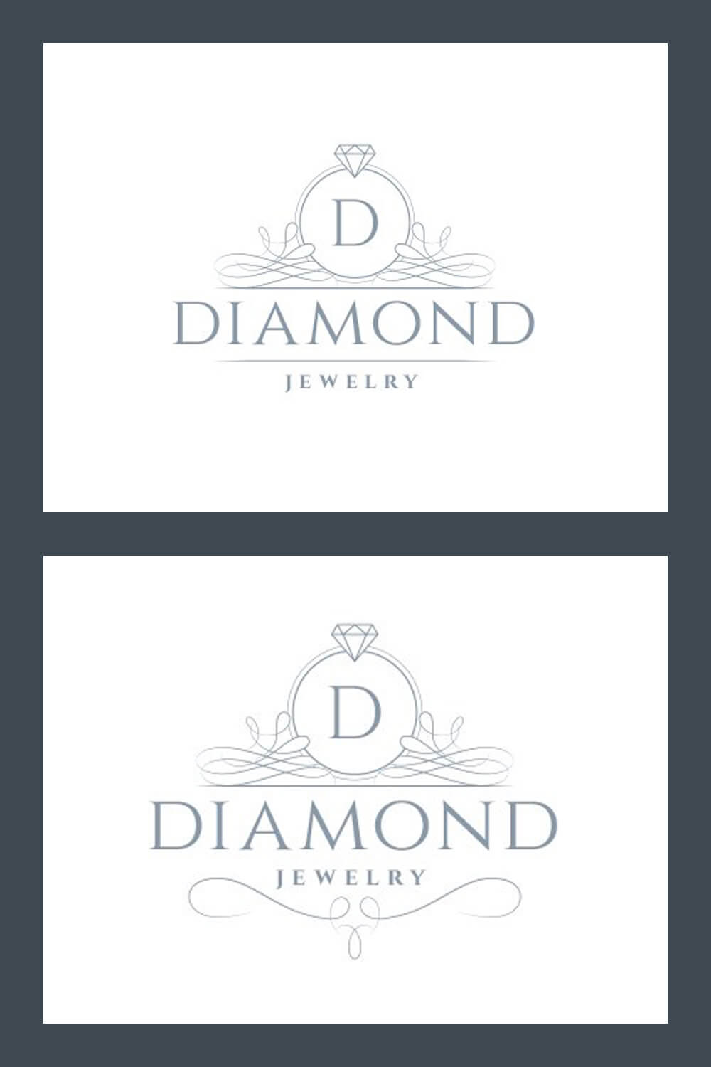 Two large white diamond jewelry logos on a gray background.