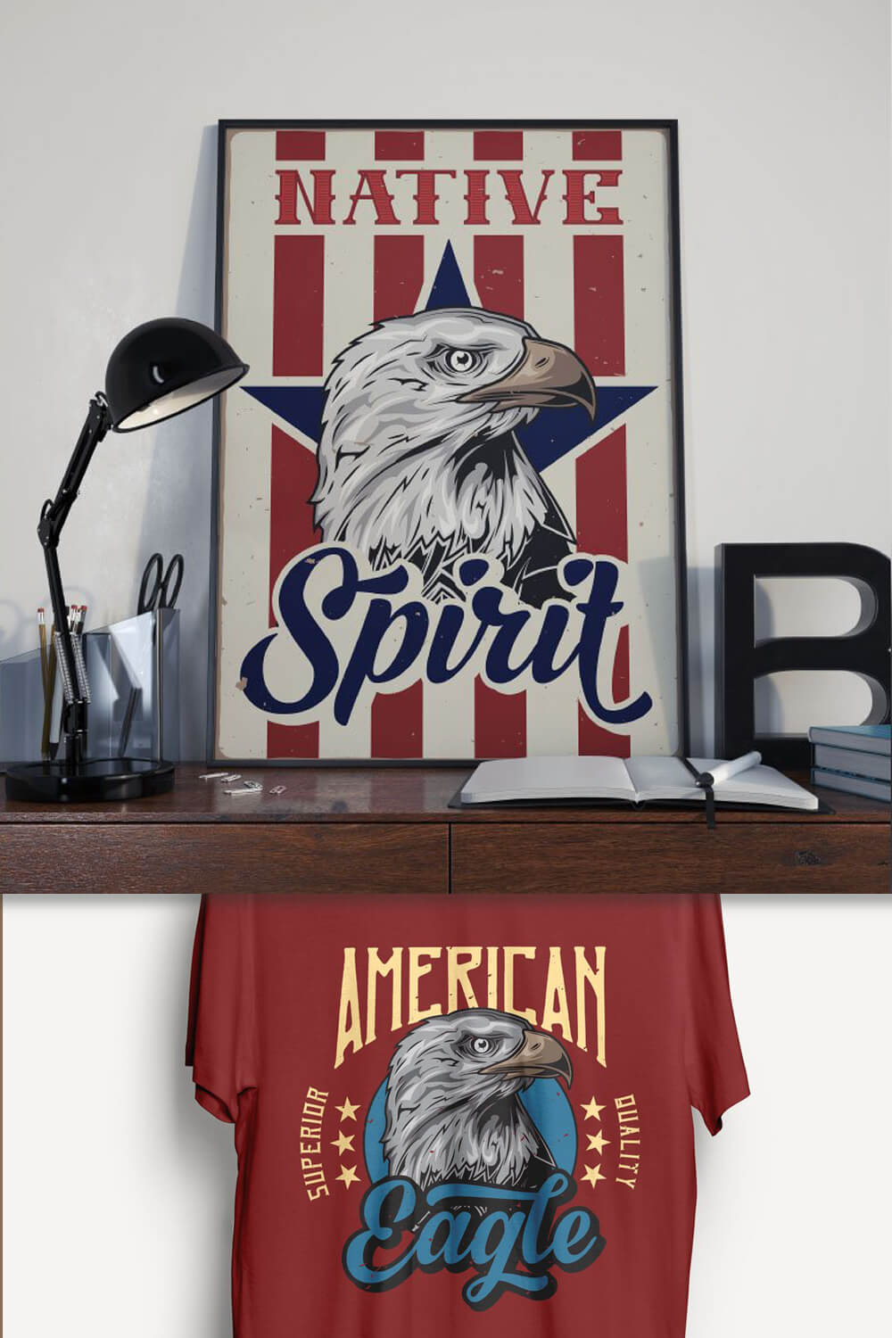 Large national spirit poster with eagle and burgundy t-shirt with "American Eagle" logo.
