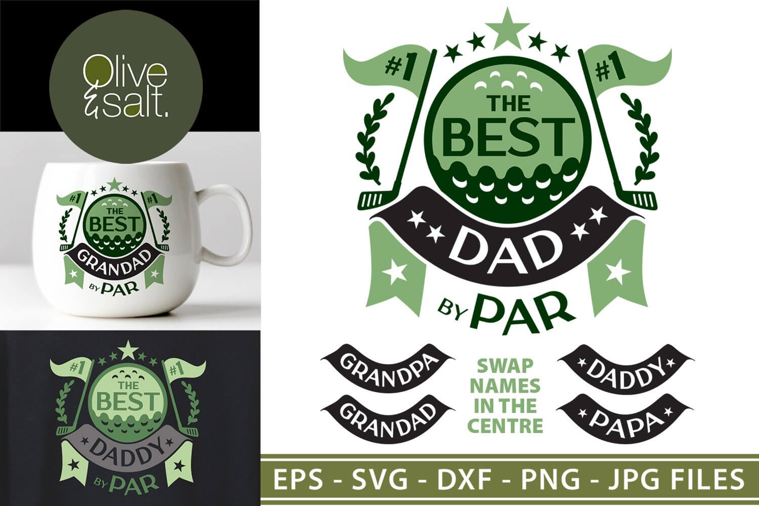 "The Best Dad by Par" logo on a white background and white cup merch on a white background.