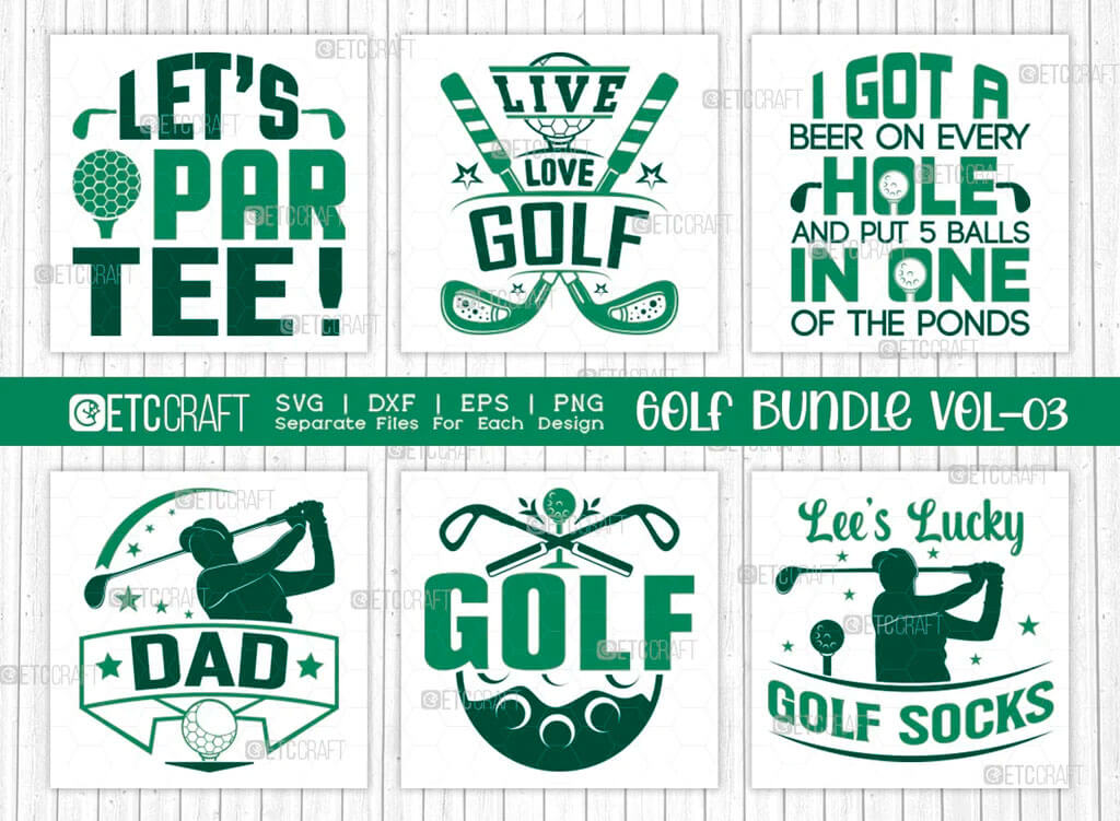 Six logos with golf slogans on a white background with stripes.