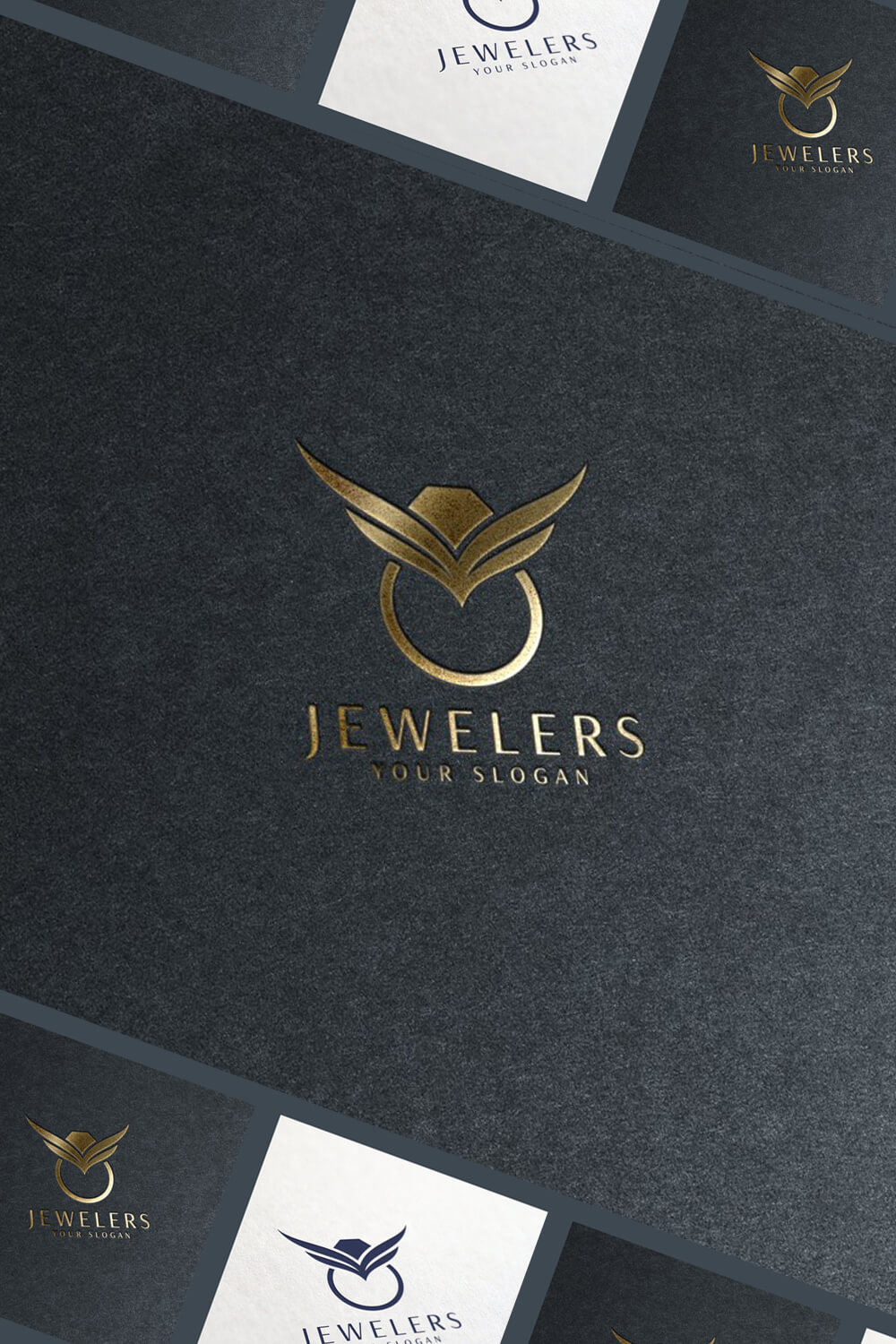 Large gold jewelry rings logo on a gray background placed diagonally.