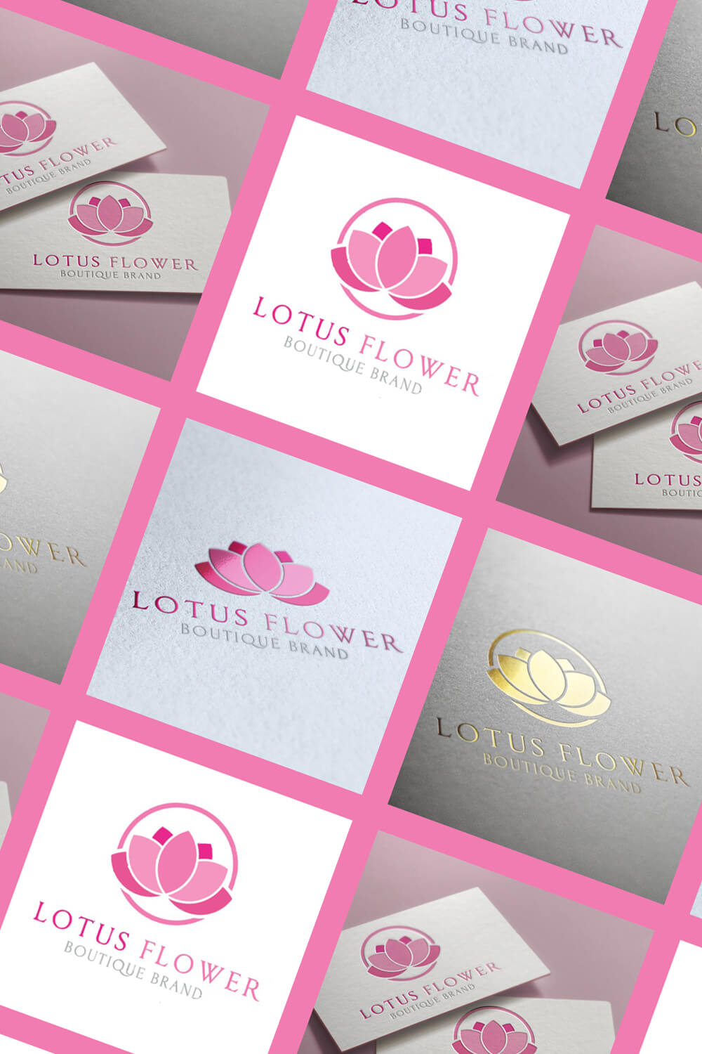 Four variants of the lotus flower logo in pink and gold colors on a white, pink and gray background in pink frames at an angle.