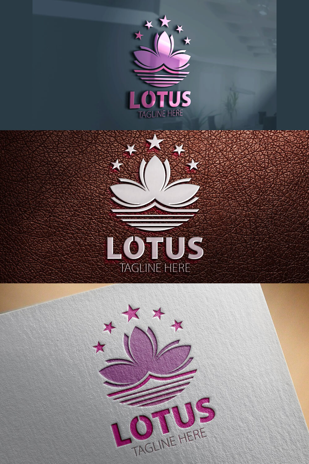 Three lotus flower logos: purple on a blue wall, gray on brown leather, purple on gray paper.
