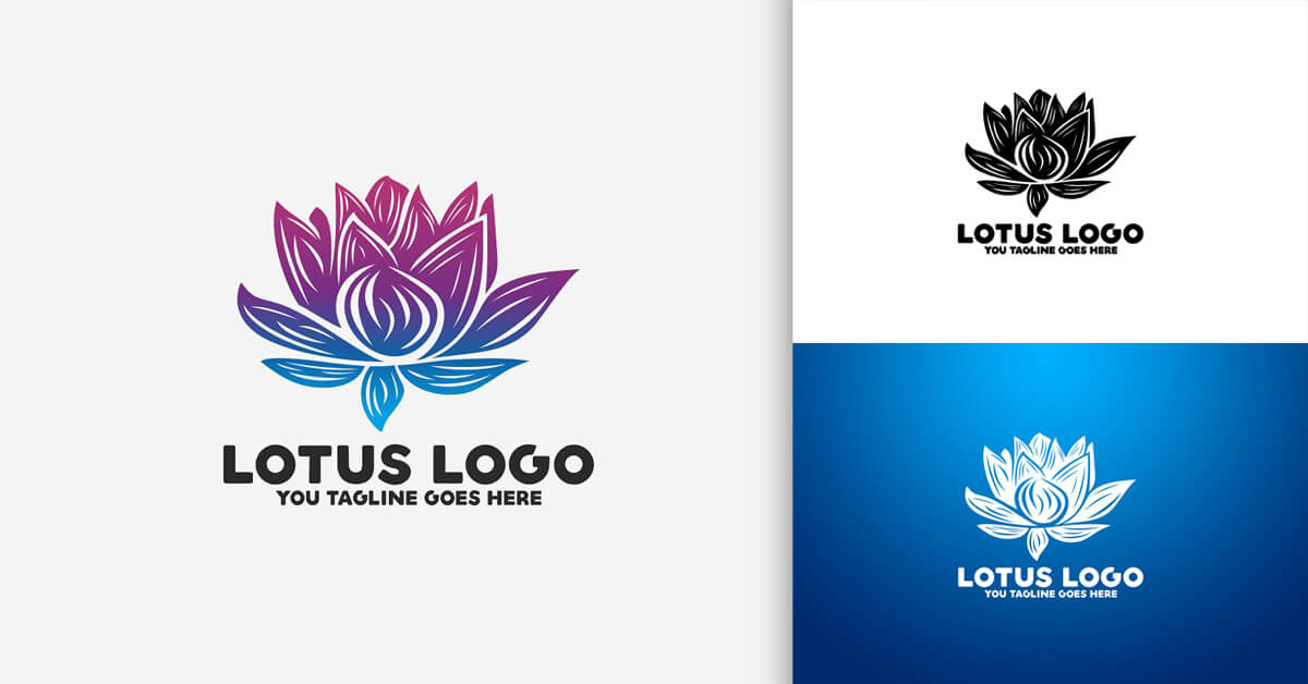 Three versions of the Lotus logos - White and blue, purple and blue and black and white.