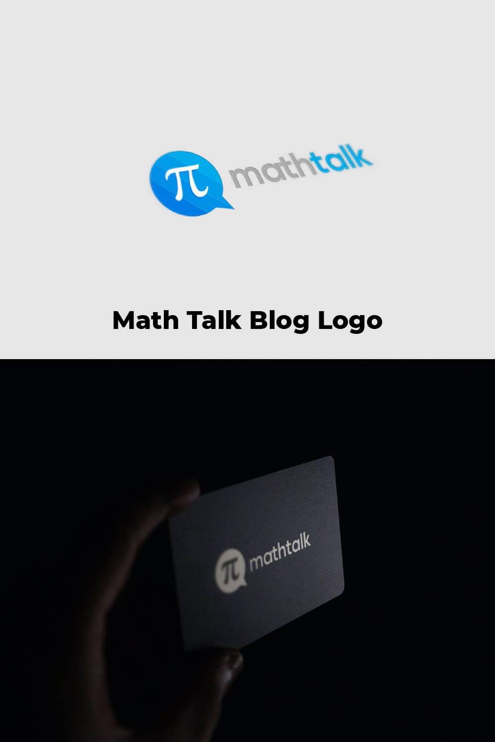 The Math Talk logo in blue and gray on a white background and a black business card in hand.
