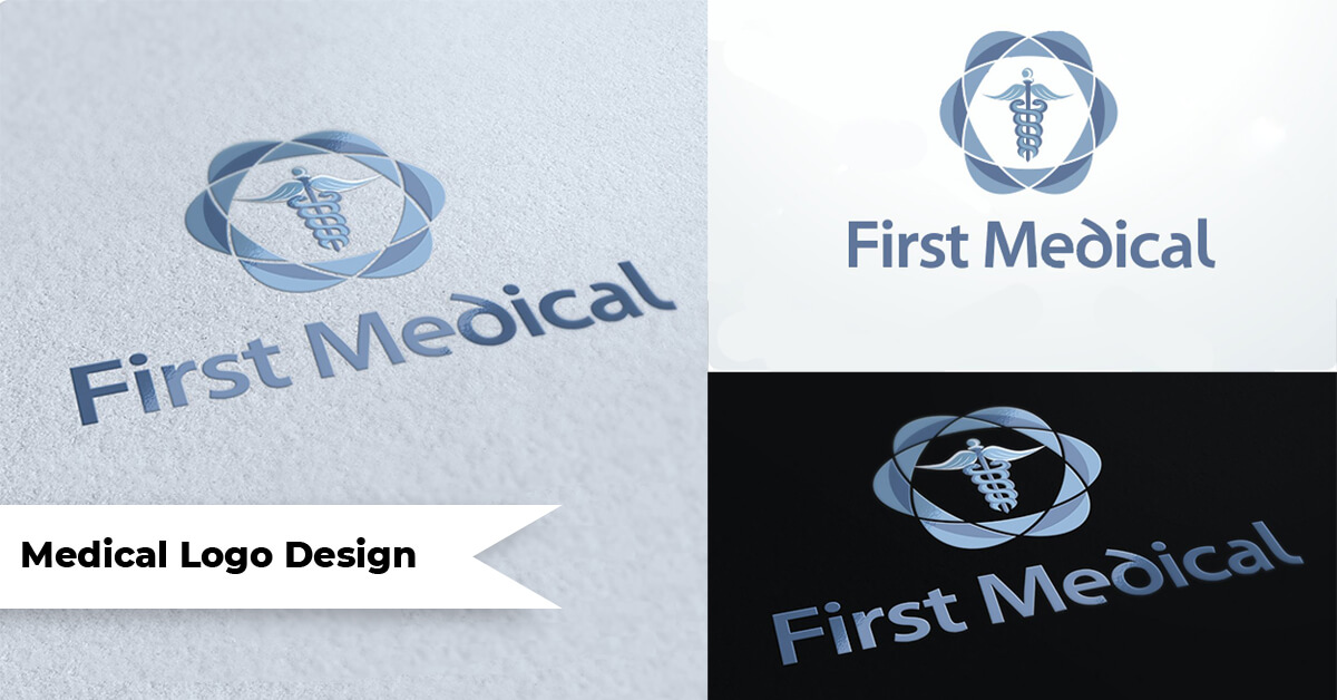 Three medical logos on blue, white and black backgrounds.