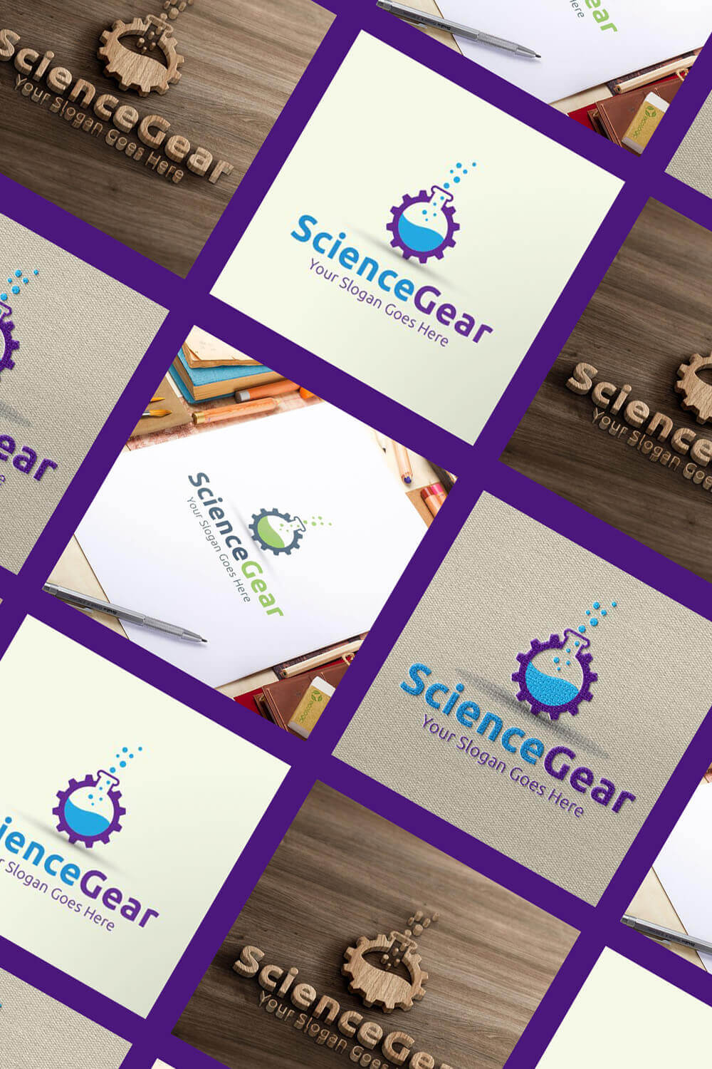 Science Gear logos on various surfaces in square purple frames at a forty-five degree angle.