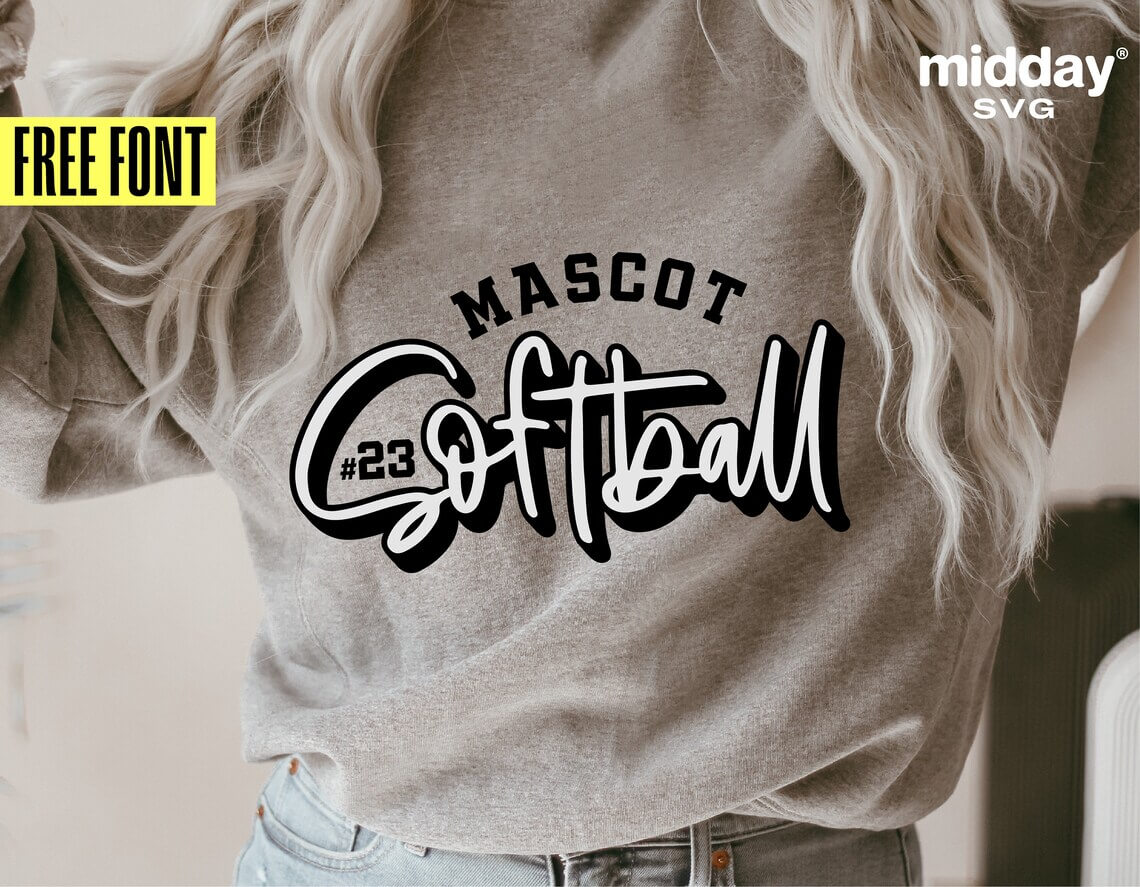 A girl in a Gray sweatshirt with a Softball logo on the chest.