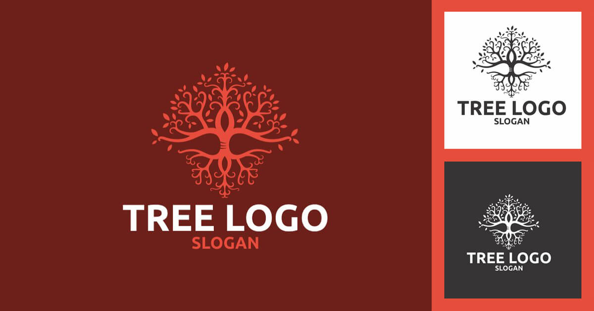 A large red tree logo with 3/4 swirls and two small black and white logos.