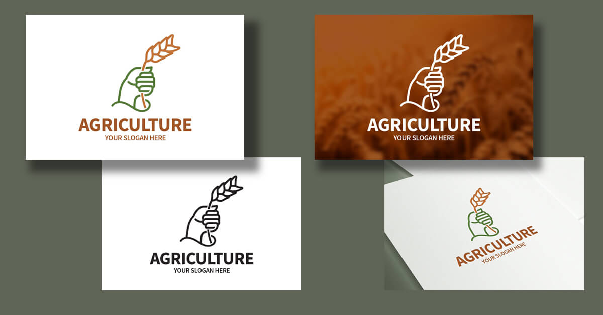 Three color and one black and white agricultural logos on an olive background.