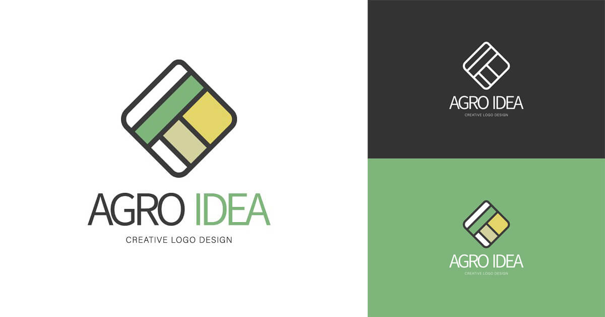 Three "Agro Idea" logos in white-olive-green-yellow on a white, gray and green background.