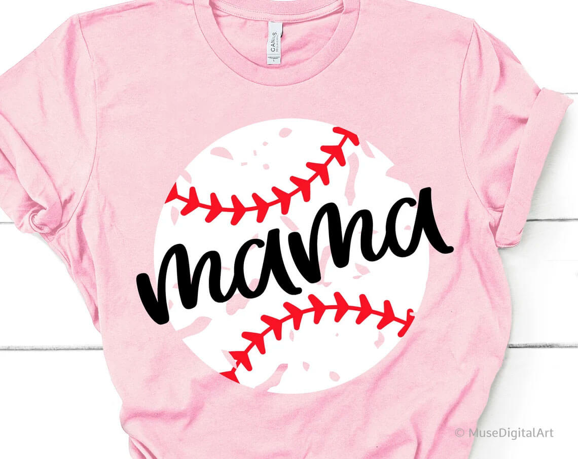 Light pink T-shirt with "Mama" print on a white baseball.