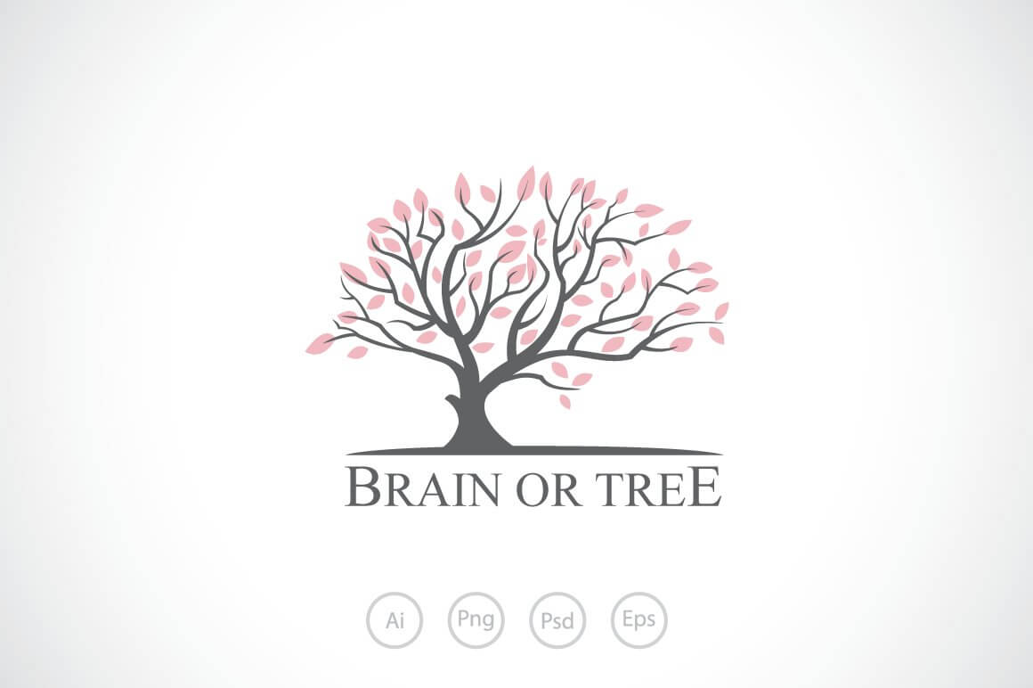 Large logo with the name "Brain or tree", a tree with pink leaves.