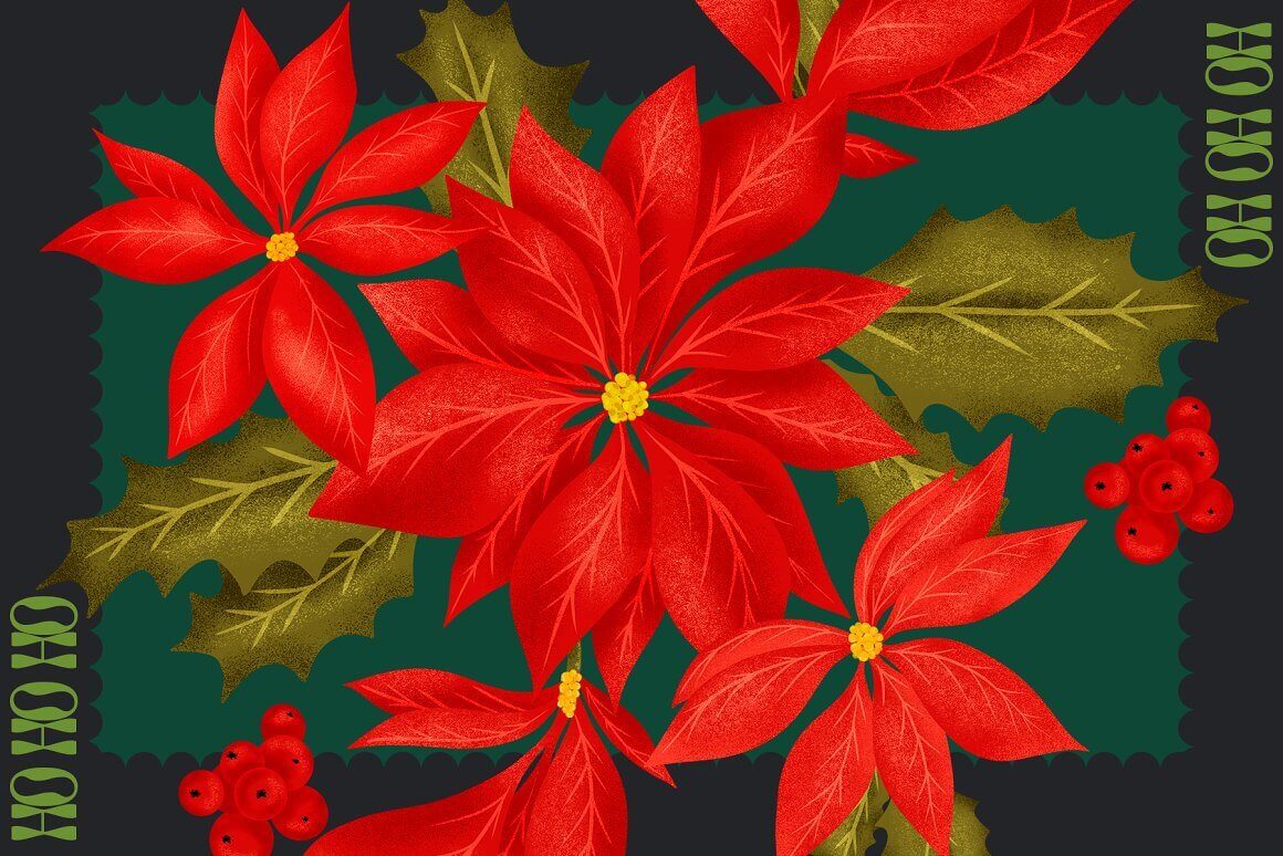 Retro Christmas floral set of red flowers.