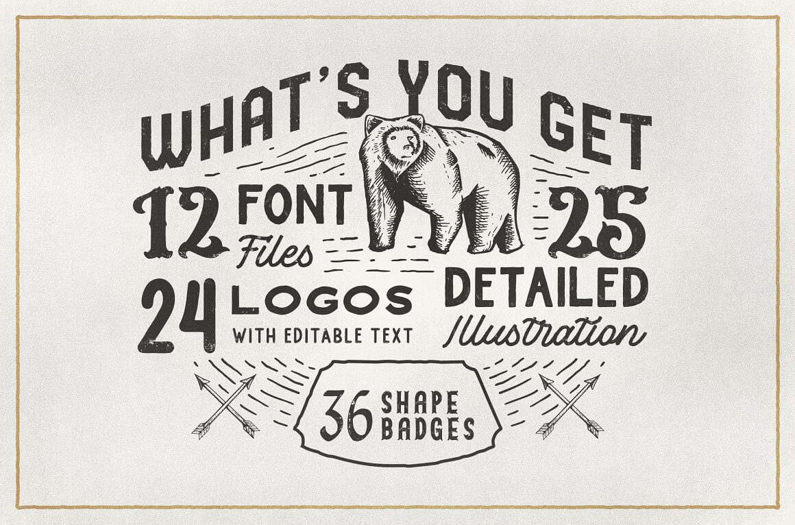 What's You Get 12 Font Files, 25 Detailed, 24 Logos with Editable Text, Illustration.
