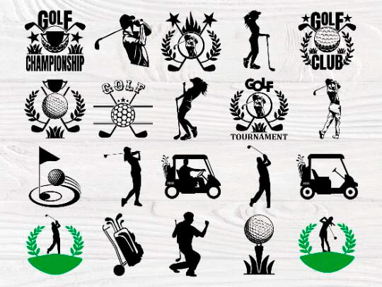 A set of black and green golf pictures in five columns.