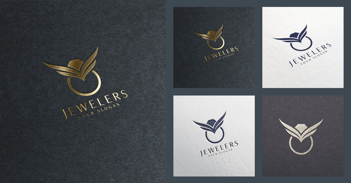 One large and four smaller logos of jewelry rings in gold on a gray background and blue on white.