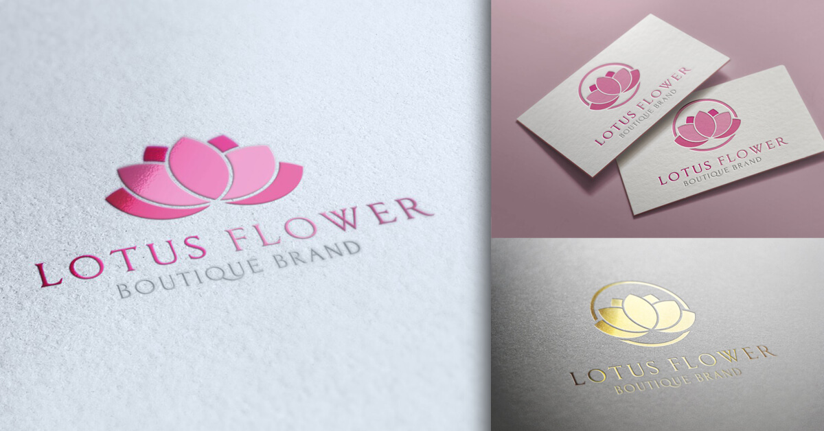 Pink and gold lotus flower logo on white and pink background also on business cards.