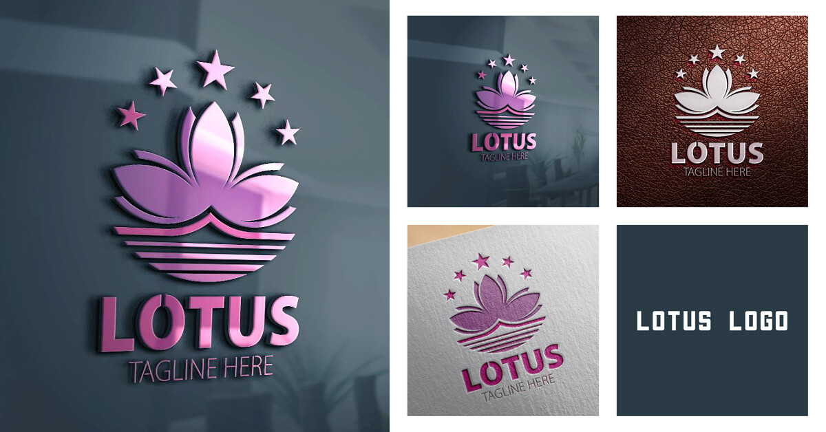 Four lotus flower logos: a large purple logo on a dark wall, gray on brown leather, purple on gray paper, and block lettering.