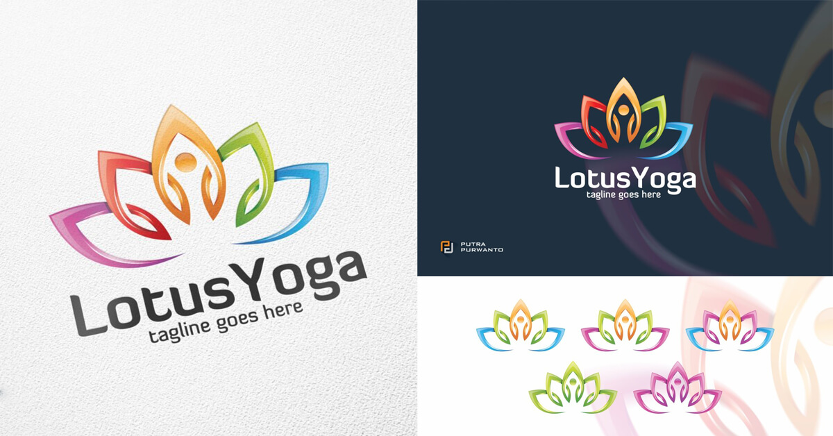 Lotus yoga two large logos on light and dark backgrounds and five small logos in the lower right corner.