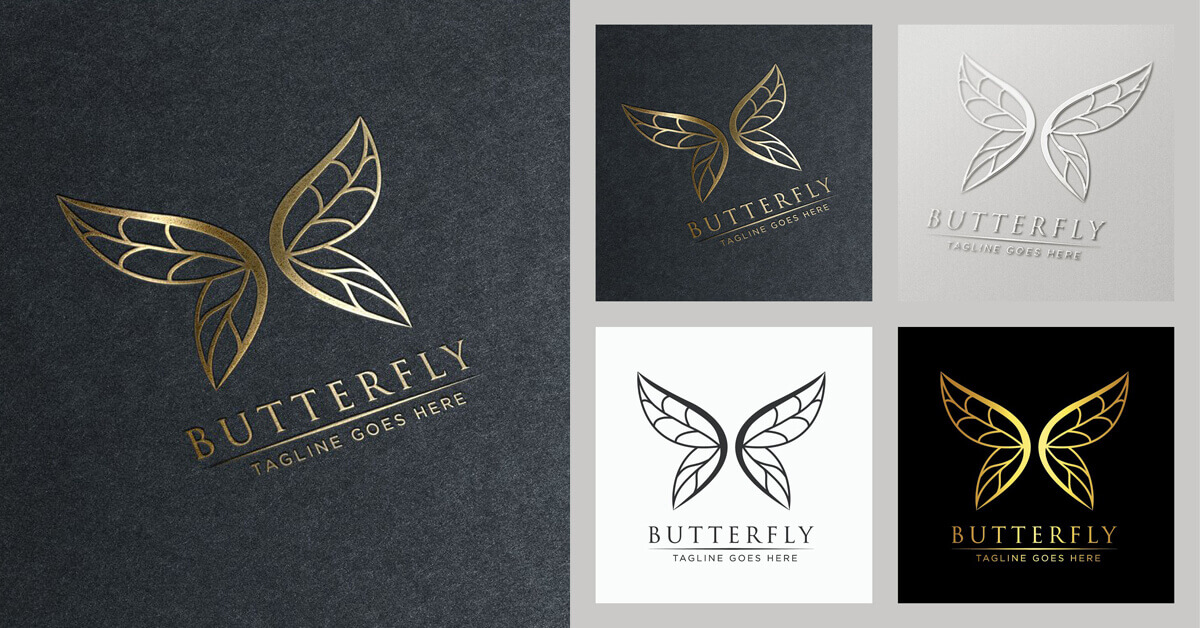 Gold, black, white butterfly logos in square designs.