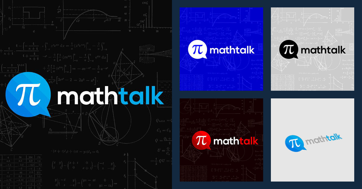Blue and white Math Talk logo on a black background with graphs and formulas, and four squares with multi-colored logos.