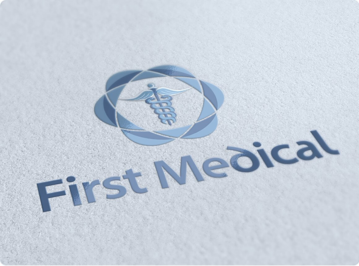 Medical logo close-up on a structural blue background.