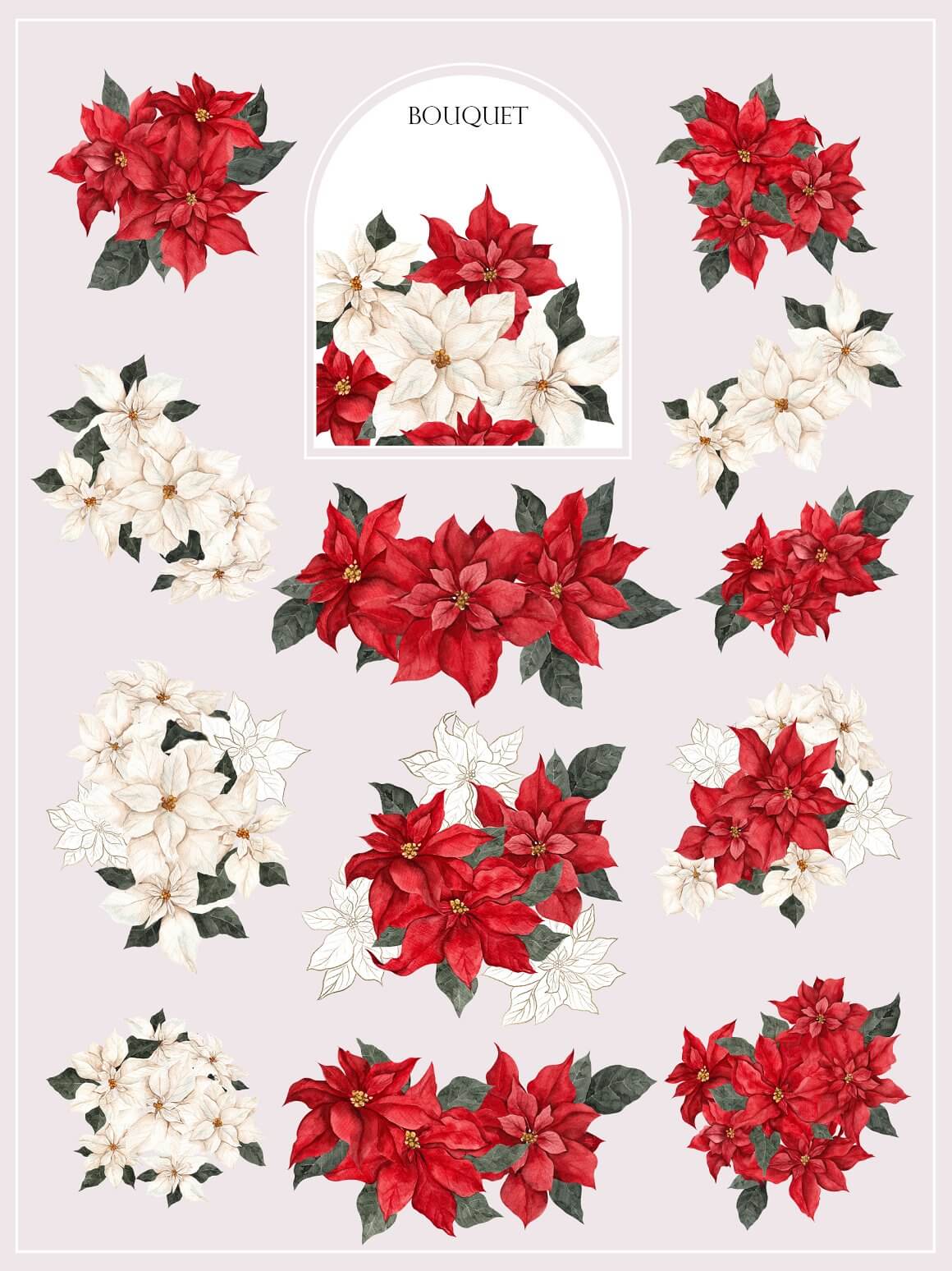 Bouquets of white, red and transparent poinsettia.