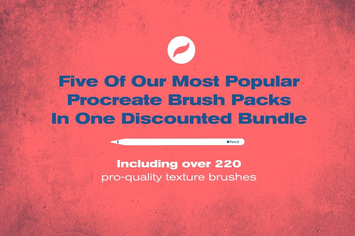 Inscription on red background: Five of our most popular procreate brush packs in one discounted bundle.