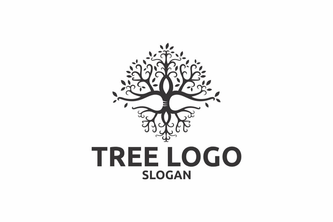 Giant gray tree logo with swirls on a white background.