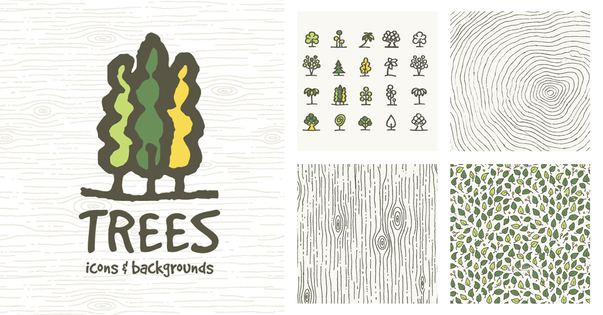 A large green logo in the left half in the form of painted trees, on the right is a block with four patterns.