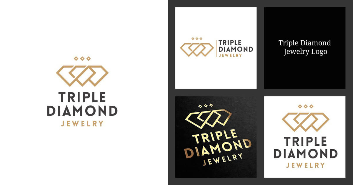 On the left side there is a white drawing of the gold logo "Triple Diamond Jewelry" on the right side there are four square black and white cells with diamond logos.