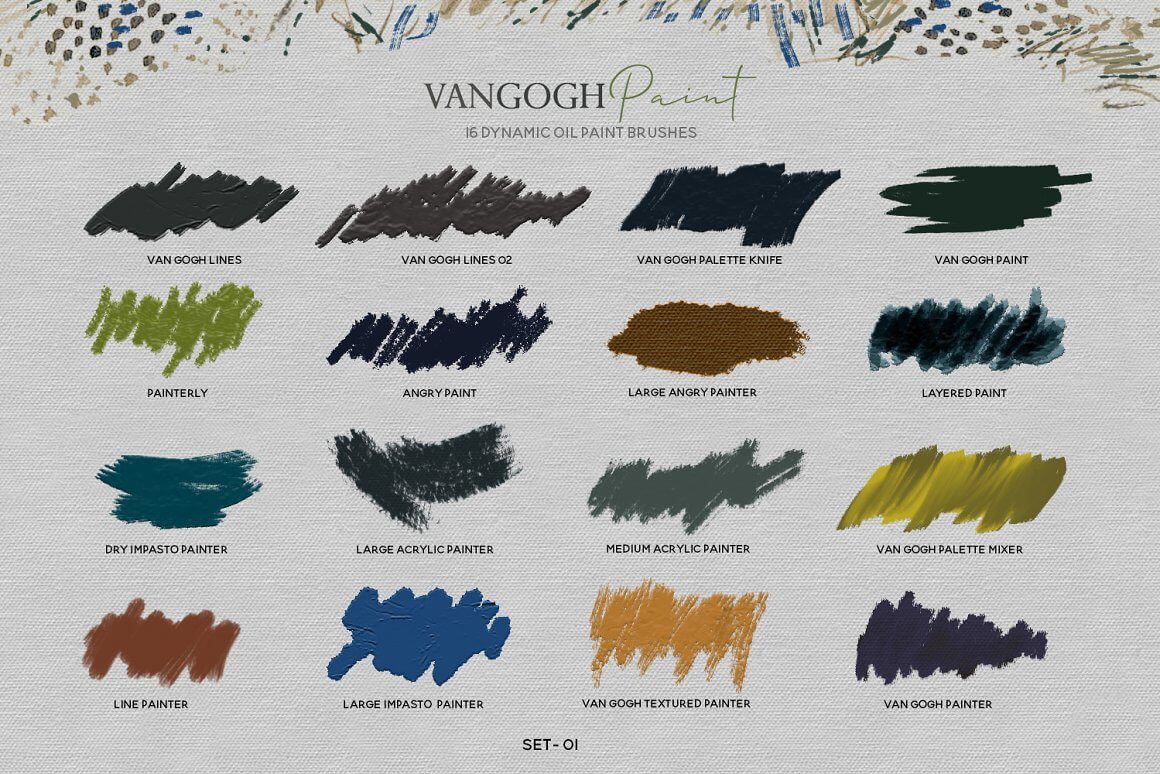 Van Gogh paint 16 photoshop dynamic brushes.